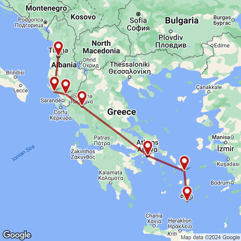 Route for Tirana, Dhermi, Gjirokastra, Ioannina, Athens, Mykonos, Santorini tour